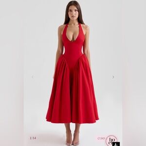 House of CB `Marilyn’ Red Twill Halter Midi Dress Sz Small NWT